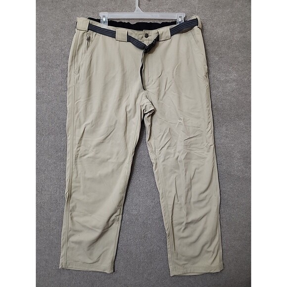 Duluth Dry On The Fly Pants Mens 2XLx32 Tan Relaxed Cargo Pocket Belted Nylon